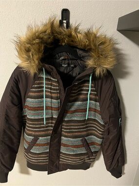 Cruel Girl Brown Striped Ski Jacket with Faux Fur Hood detachable